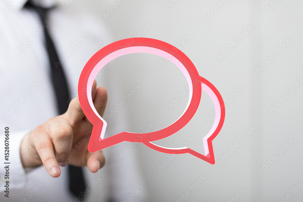 Poster image of a businessman interacting with digital speech bubbles, symbolizing communication and conver