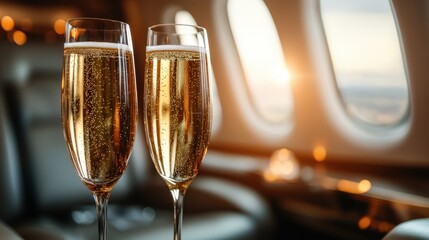 Two elegant champagne glasses filled with sparkling bubbles are seen toasting together in a luxurious private jet cabin, symbolizing celebration and high-end travel experiences.