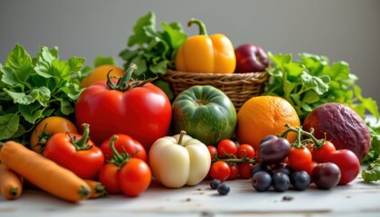 Assortment of Fresh Vegetables and Fruits Including Colorful Peppers and Tomatoes on a Wooden Table