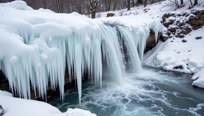 Frozen Waterfall Surrounded by Ice and Snow in a Tranquil Winter Landscape