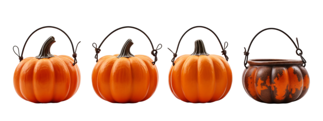A set of four orange pumpkins with a metal handle.