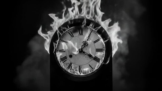 Clock burning in flames black and white image