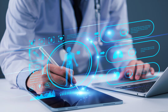 doctor using technology telemedicine healthcare on tablet analysis health data. digital innovative medical diagnostics technology and AI. smart hospital - Powered by Adobe