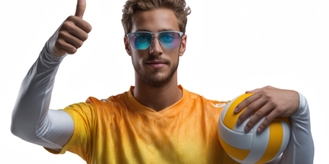 Beach Volleyball Player: A sun-kissed athlete, holding a volleyball, gives a thumbs-up in a confident pose, highlighting the thrill of beach volleyball and sun-soaked athletic prowess.