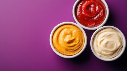 Three bowls of colorful condiments including ketchup, mustard, and mayonnaise, displayed against a vibrant purple backdrop. This image highlights the joy of food and flavor in dining.