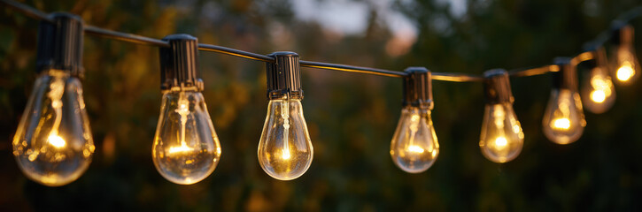 String lights glowing warmly in outdoor setting, creating cozy atmosphere