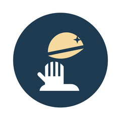 Abstract icon depicting cleanliness hand and object on a dark blue circle