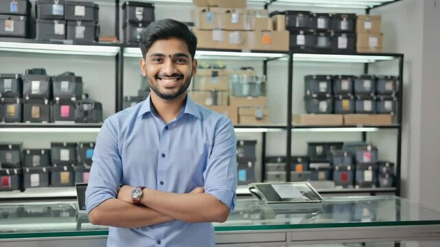 Portrait of a young, smiling Indian salesman confidently standing with arms crossed in a bustling store filled with boxes, wearing a blue shirt and a stylish wristwatch