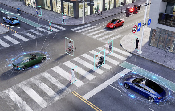 3D render of an urban scene with autonomous vehicles and people