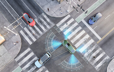 3d top view Illustration of smart vehicle approaching an intersection