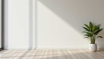 Minimalist Interior Space Featuring A Potted Green Plant and Natural Light Shadows