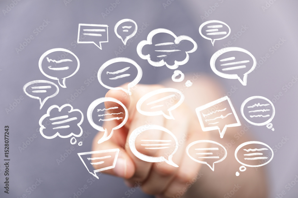 Aufkleber Conceptual image of a communication network, showing interconnected speech bubbles and thought clouds. Ideal for business, social media, and teamwork.