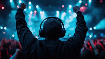 A concert attendee wearing headphones raises his arms in excitement as colorful lights illuminate the crowd, encapsulating the energy and passion of a live music performance.