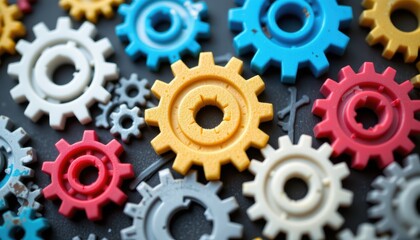 Colorful Arrangement of Interlocking Gears and Cogs on a Dark Background Representing Mechanics and Innovation