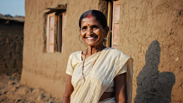 Happy indian elderly woman wearing a white sari is standing next to the exterior wall of her house in a poor rural village, representing the authentic indian culture and traditions