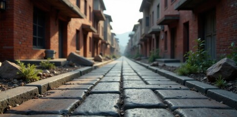 Obraz premium Rough street paving blocks, construction backdrop, Seetu Mansion glimpse, development, building materials, rough