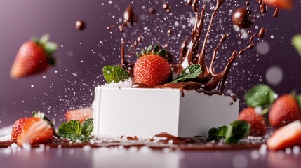 A delicious scene depicting a splash of rich chocolate surrounded by fresh strawberries and mint leaves, evoking indulgence and excitement in dessert culture.
