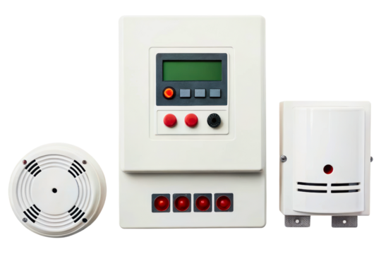 Control panel and sensors for fire alarm systems and safety isolated with transparent background