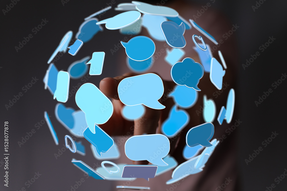 Poster Abstract image of a person interacting with a digital sphere of chat bubbles, symbolizing global communication and online interaction.