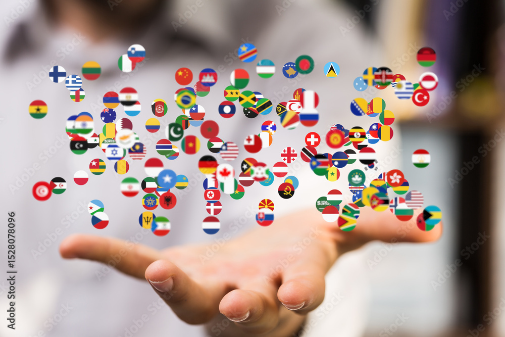 Poster image of a hand gently cradling numerous flags, symbolizing global unity and international collabora
