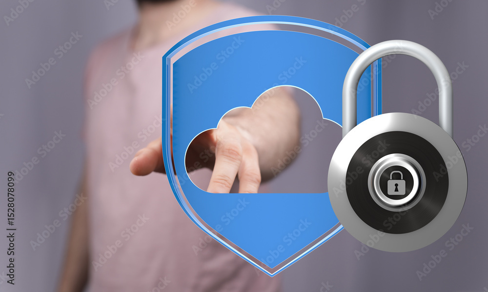 Poster Image of a hand reaching for a cloud symbol protected by a shield and padlock, representing secure cloud data.