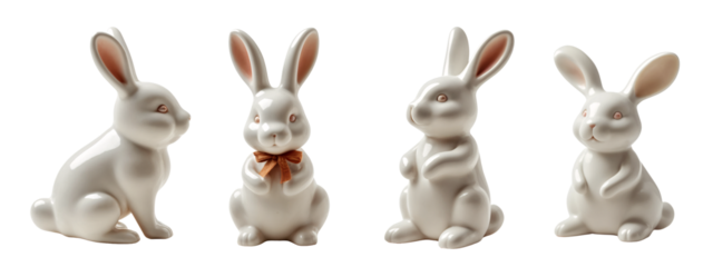 A set of four white ceramic rabbits sitting next to each other.