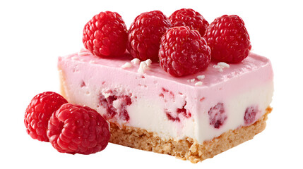 A slice of raspberry cheesecake with a few raspberries on top. The cheesecake is pink and white and has a raspberry flavor