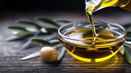 A beautiful olive oil pouring into a glass bowl surrounded by olive branches, symbolizing natural richness and culinary excellence in cooking and health.