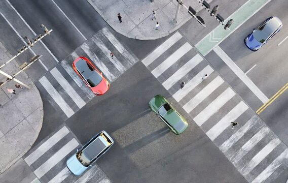 Top-view render of smart vehicles approaching an intersection. Zoom-in shot.
