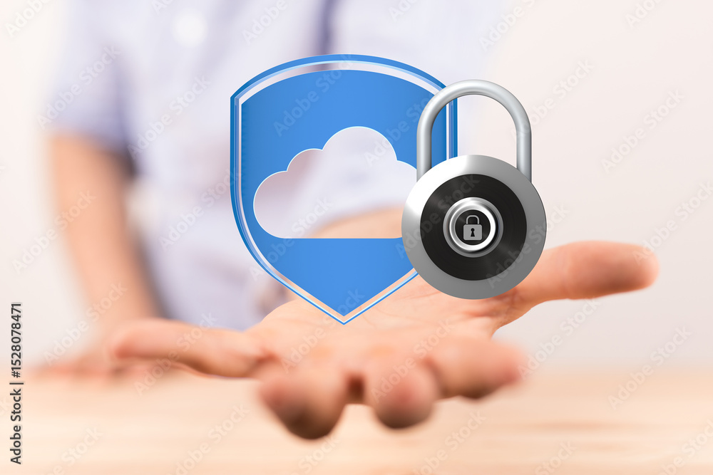Poster image depicts secure cloud data protection. a digital lock and shield are shown on an outstretched h