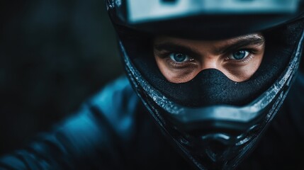 An intense close-up of a biker's eyes, masked and ready for action, conveys determination and focus, encapsulating the spirit of adrenaline and adventure in extreme sports.