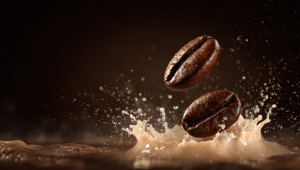 Two coffee beans splash into creamy liquid, creating dynamic motion and energy