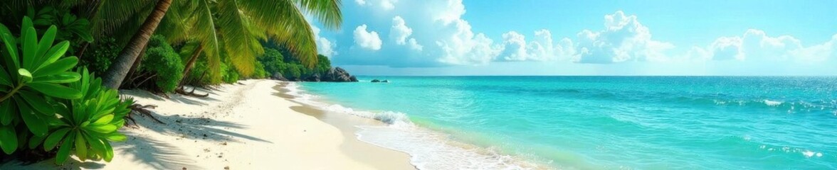 White sand beach, emerald green sea, dense tropical foliage ,  white,  sun,  Caribbean Sea