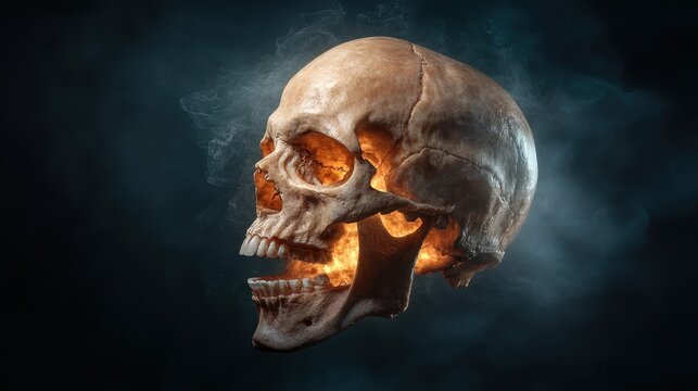 A captivating skull radiates an eerie glow through cracks, enveloped in shadows and mist, evoking themes of mortality, mystery, and the ethereal nature of existence.
