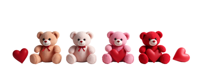 A row of four teddy bears sitting next to each other.