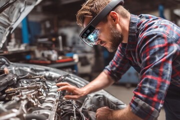 Mechanic using augmented reality glasses to diagnose engine issues