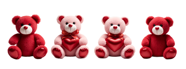 A row of four red teddy bears sitting next to each other.