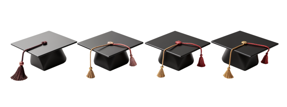 A row of three black graduation caps with tassels on them.