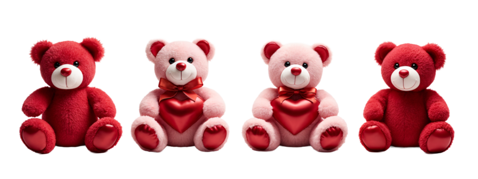 A row of four red teddy bears sitting next to each other.