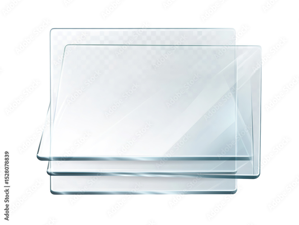 Poster three overlapping panes of clear glass symbolizing layering and transparency against a stark on tran