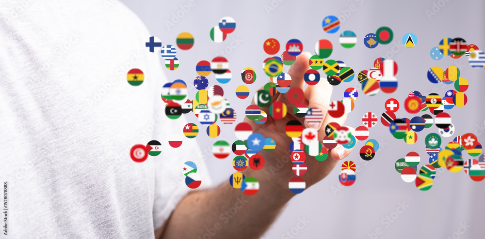 Poster image depicts a hand interacting with a digital display of numerous national flags, symbolizing glob