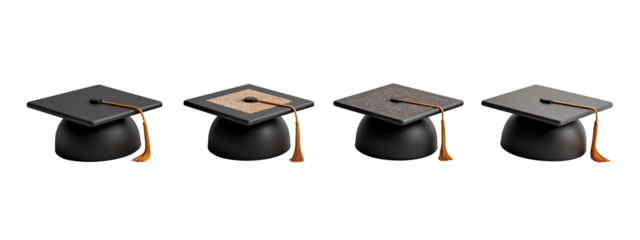 A set of four black graduation caps with a brown tassel.