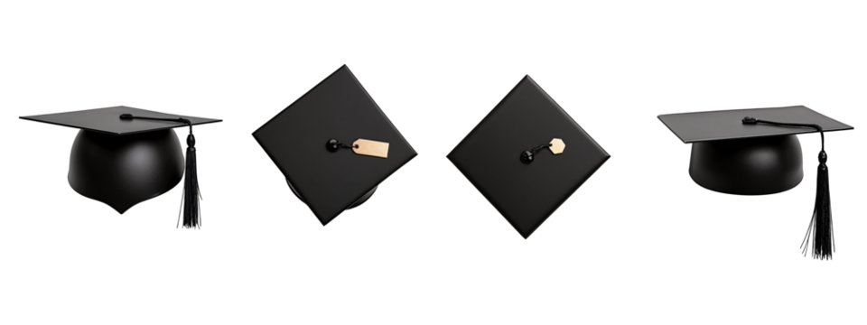 A set of three black graduation caps with tassels on them.