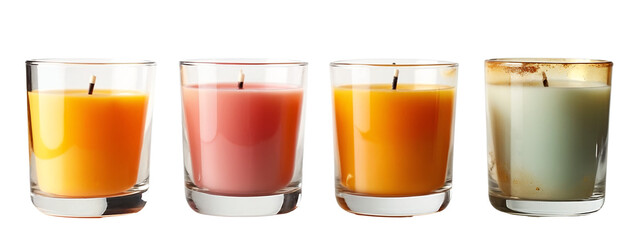 A set of four different colored candles in a row.