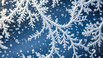 Intricate Frost Patterns on Glass with Delicate Water Drops in a Winter Wonderland Setting