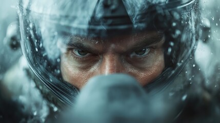 This striking image captures the intense gaze of a soldier in a helmet, revealing determination and focus amid a challenging, icy environment, showcasing resilience and bravery.