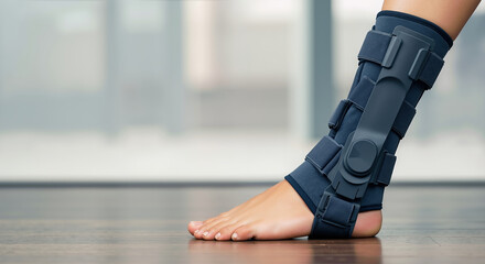Foot wearing blue medical ankle brace support on wooden floor. Orthopedic injury recovery and physiotherapy treatment. Sports medicine services