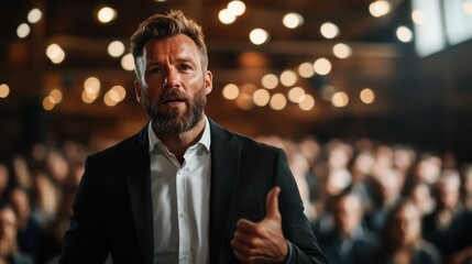 Fototapeta premium A charismatic speaker stands confidently before an attentive audience in a hall, conveying passion and making a powerful connection with his message amid an inspiring atmosphere.