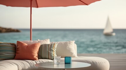 A serene beachside scene featuring a cozy lounge area with colorful cushions, a clear ocean view, and a sailboat in the distance, embodying relaxation and tranquility.
