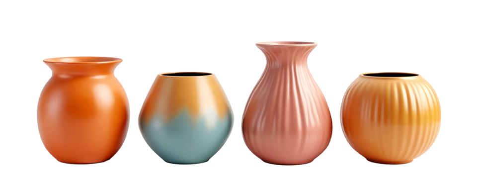 A group of three vases sitting next to each other on a white surface.
